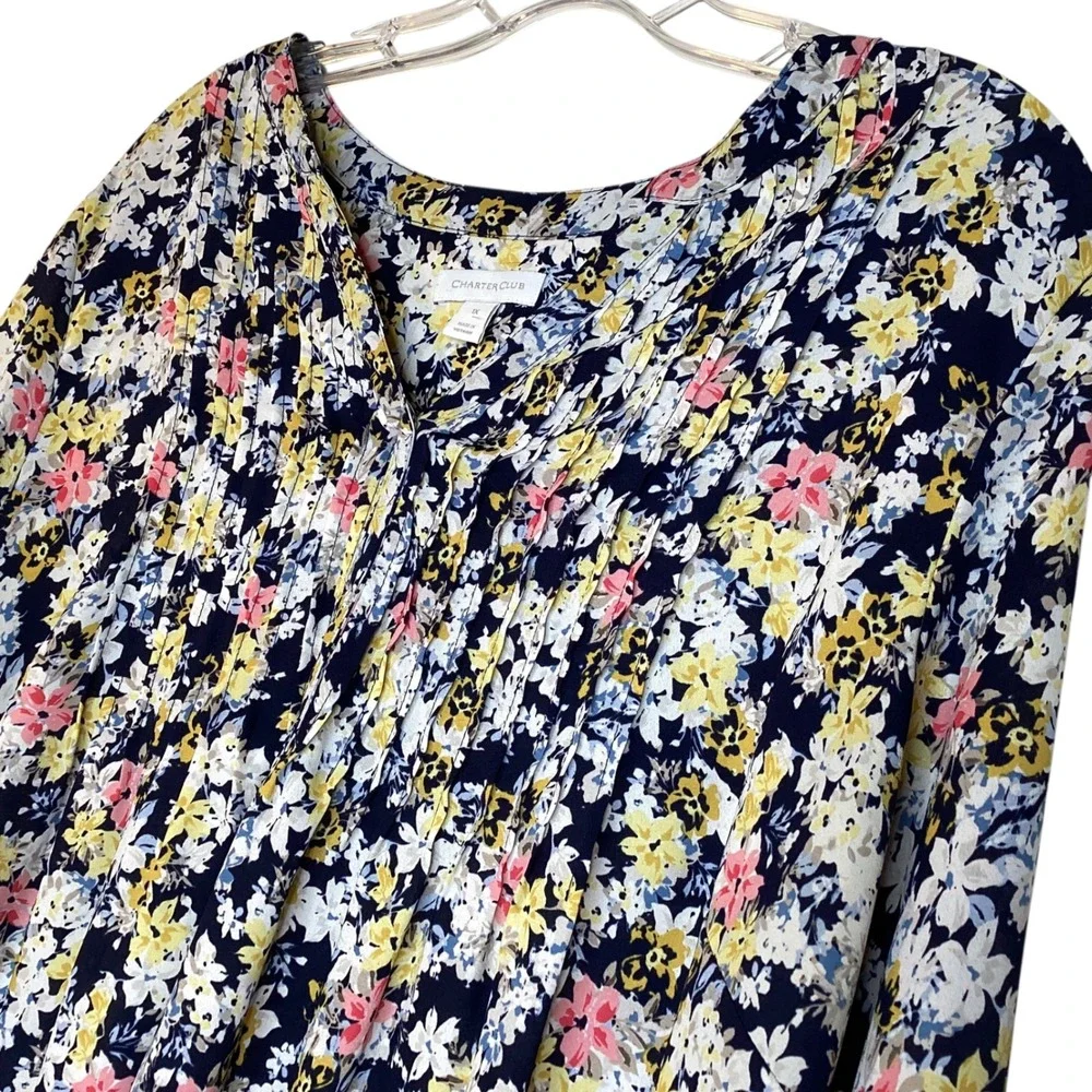 Charter Club Womens 1X Navy Floral Print Pleated V Neck Long Sleeve Tunic Top‎